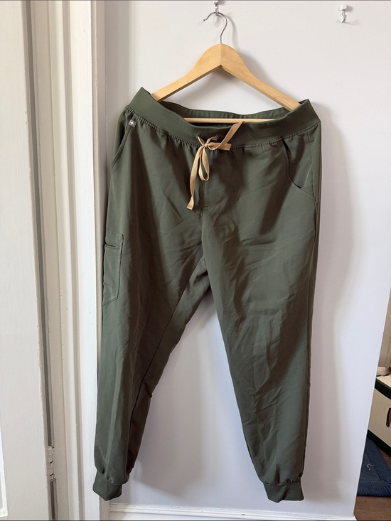 Figs Pants - Figs scrub Olive Green Jogger Pants with Tan Drawstring size L
